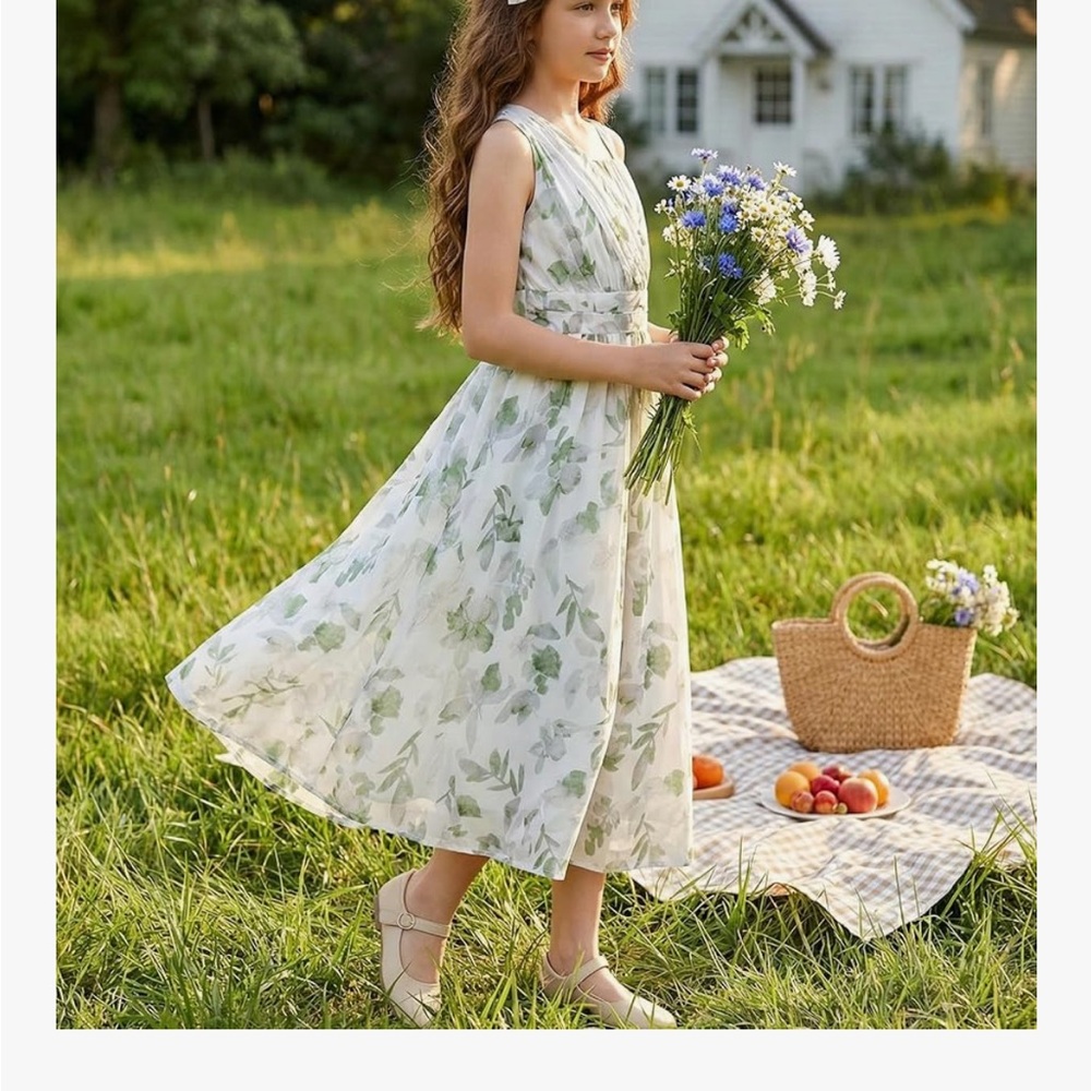 Grace Karin White Floral Maxi Dress with Green Leaf Print Flower Girl Dress